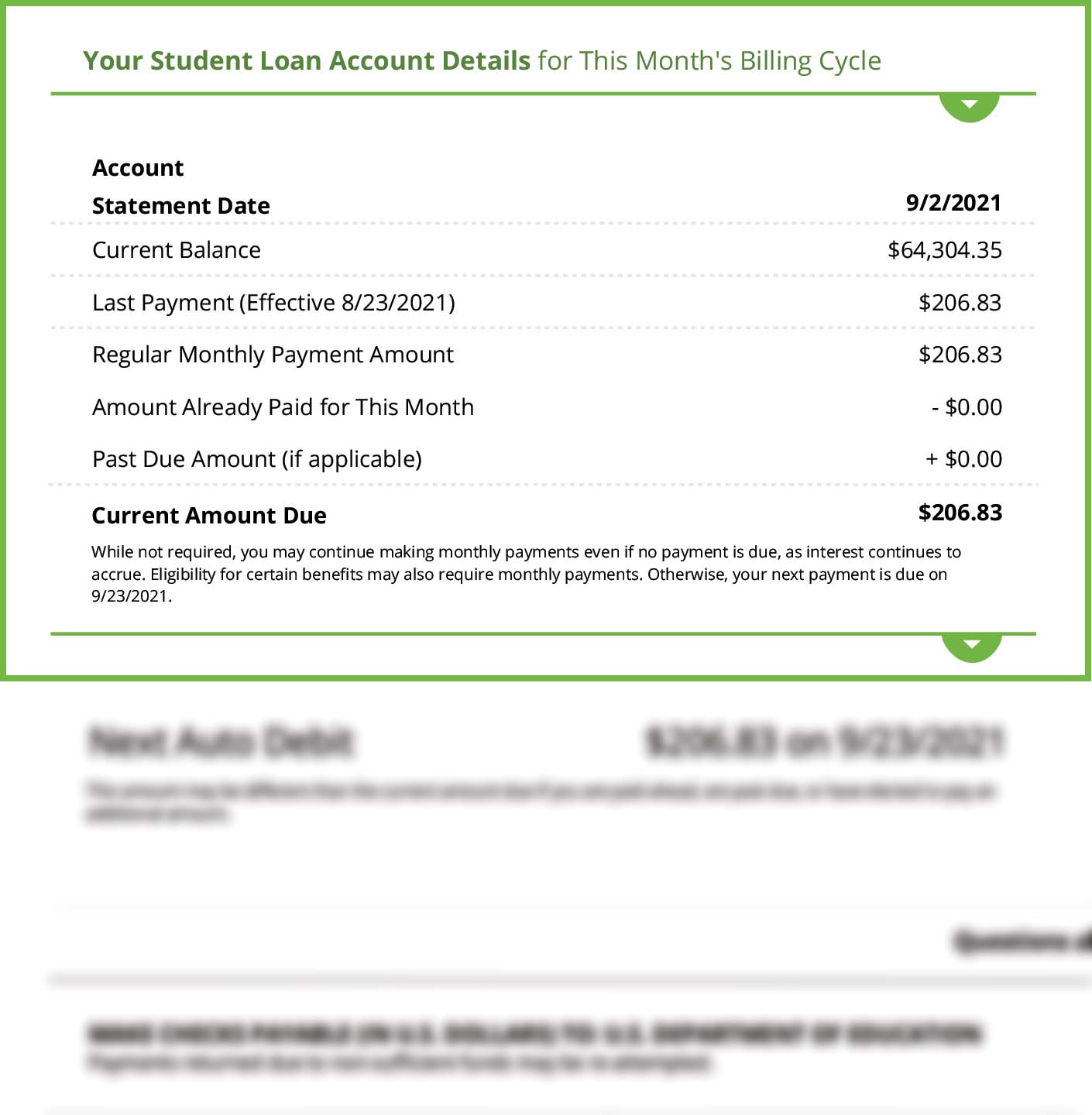 Showing a screenshot of the loan account details section on an example statement. Heading of 'Your Student Loan Account Details for This Month's Billing Cycle' is displayed with account information deisplayed below in a two column layout.
