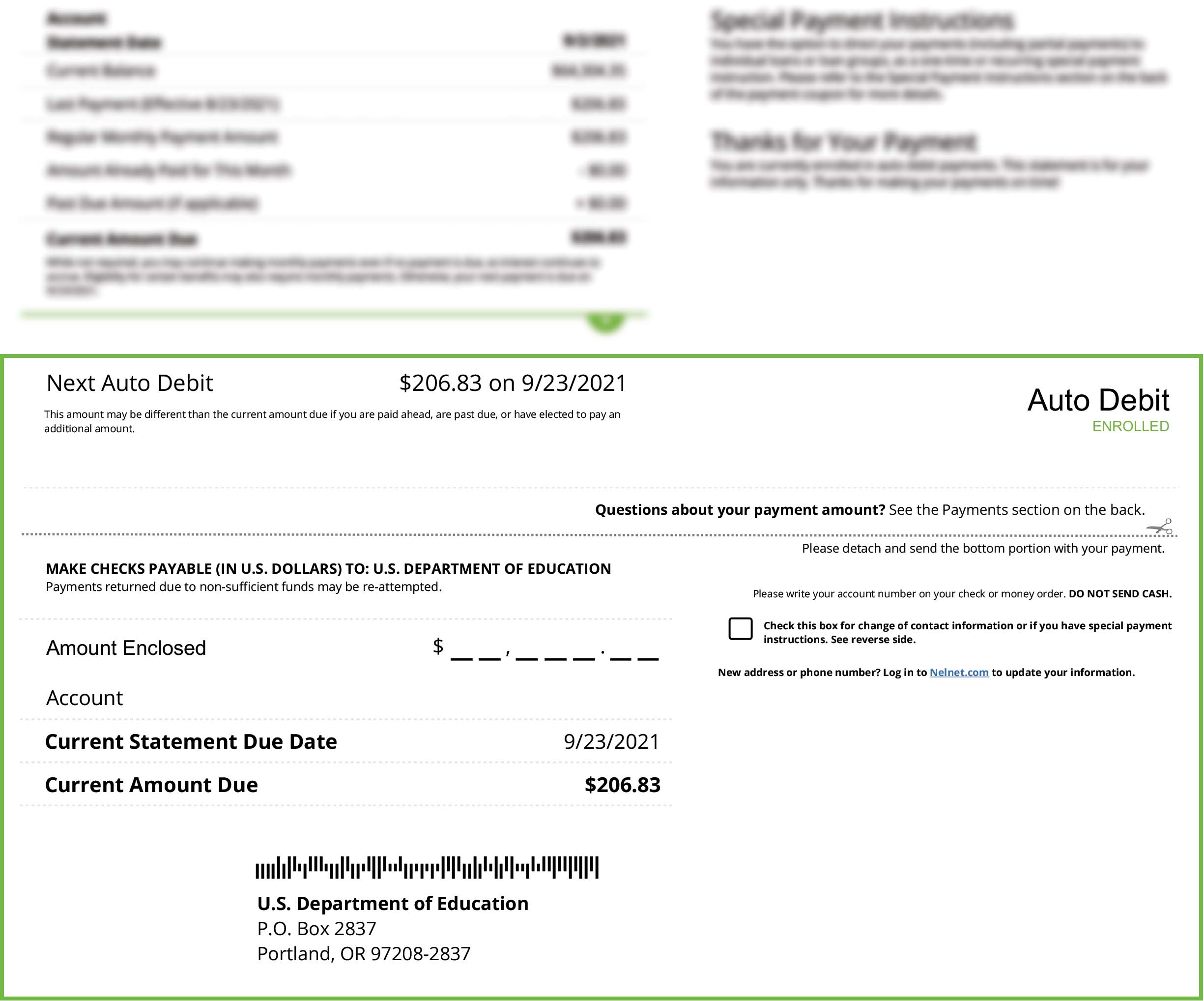 Showing a screenshot of the payment coupon which is located at the bottom of your statement.