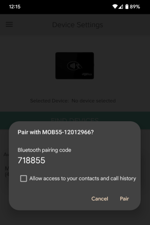 Bluetooth pairing code screen